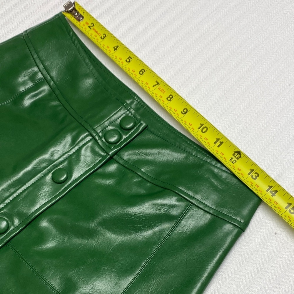 Fate Green Faux Leather A-Line Skirt | Snap Front High Waist | Raw Hem | S - Picture 8 of 11